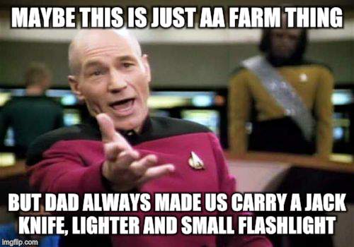 Picard Wtf Meme | MAYBE THIS IS JUST AA FARM THING BUT DAD ALWAYS MADE US CARRY A JACK KNIFE, LIGHTER AND SMALL FLASHLIGHT | image tagged in memes,picard wtf | made w/ Imgflip meme maker