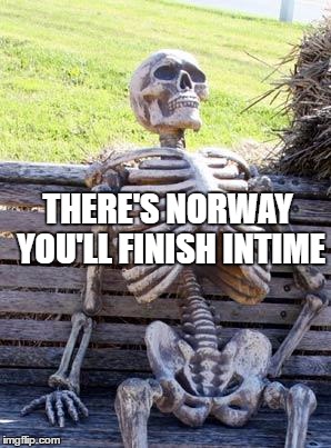 THERE'S NORWAY YOU'LL FINISH INTIME | image tagged in memes,waiting skeleton | made w/ Imgflip meme maker