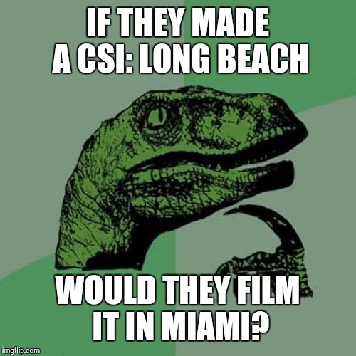 Philosoraptor Meme | IF THEY MADE A CSI: LONG BEACH; WOULD THEY FILM IT IN MIAMI? | image tagged in memes,philosoraptor | made w/ Imgflip meme maker