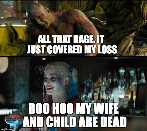Suicide Squad has seen other movies | ALL THAT RAGE. IT JUST COVERED MY LOSS; BOO HOO MY WIFE AND CHILD ARE DEAD | image tagged in suicide squad,harley quinn,guardians of the galaxy,marvel,dc comics,rocket raccoon | made w/ Imgflip meme maker