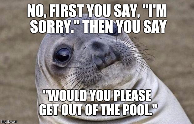 Awkward Moment Sealion Meme | NO, FIRST YOU SAY, "I'M SORRY." THEN YOU SAY "WOULD YOU PLEASE GET OUT OF THE POOL." | image tagged in memes,awkward moment sealion | made w/ Imgflip meme maker