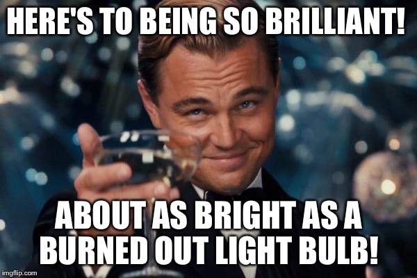 Leonardo Dicaprio Cheers Meme | HERE'S TO BEING SO BRILLIANT! ABOUT AS BRIGHT AS A BURNED OUT LIGHT BULB! | image tagged in memes,leonardo dicaprio cheers | made w/ Imgflip meme maker