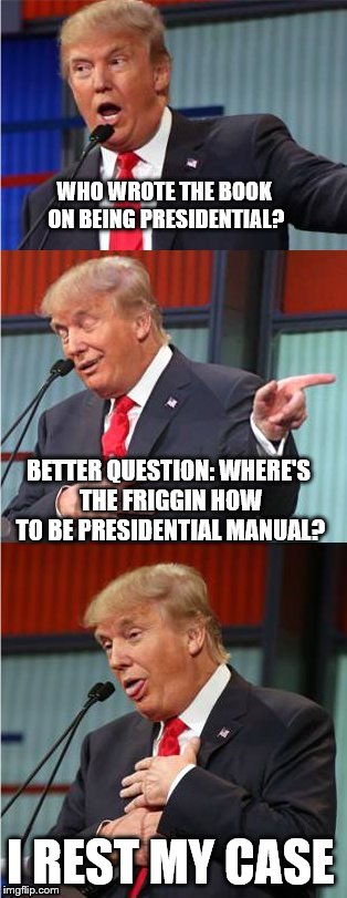 By a landslide, I think, but, I've been wrong before. | WHO WROTE THE BOOK ON BEING PRESIDENTIAL? BETTER QUESTION: WHERE'S THE FRIGGIN HOW TO BE PRESIDENTIAL MANUAL? I REST MY CASE | image tagged in donald trump,presidential race,2016 presidential candidates | made w/ Imgflip meme maker