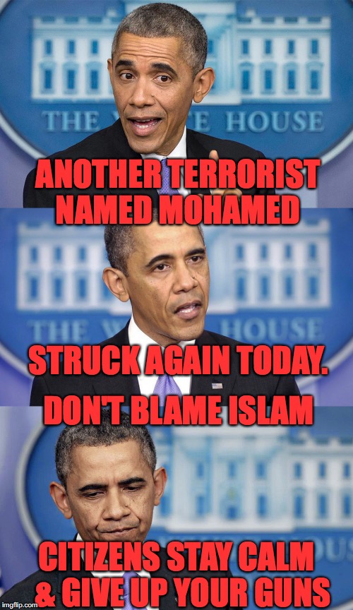 Obama speech(less) | ANOTHER TERRORIST NAMED MOHAMED; STRUCK AGAIN TODAY. DON'T BLAME ISLAM; CITIZENS STAY CALM  & GIVE UP YOUR GUNS | image tagged in obama speechless | made w/ Imgflip meme maker