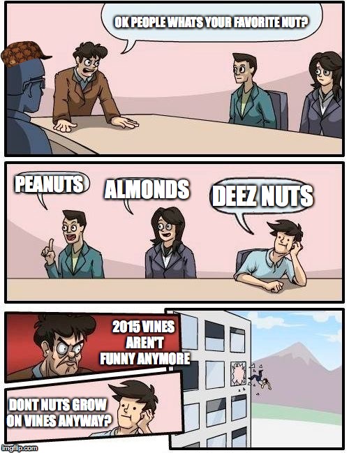 Boardroom Meeting Suggestion Meme | OK PEOPLE WHATS YOUR FAVORITE NUT? DEEZ NUTS; PEANUTS; ALMONDS; 2015 VINES AREN'T FUNNY ANYMORE; DONT NUTS GROW ON VINES ANYWAY? | image tagged in memes,boardroom meeting suggestion,scumbag | made w/ Imgflip meme maker