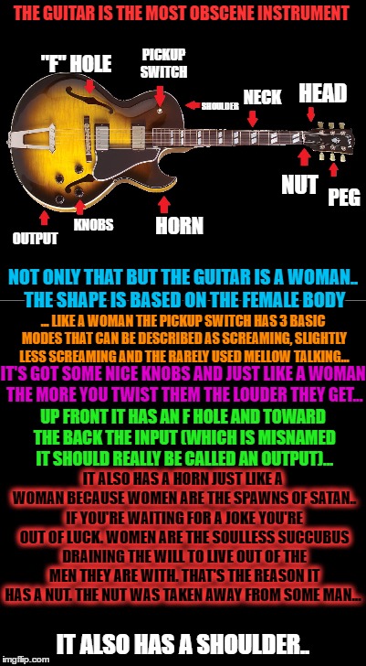 the guitar is the most obscene instrument | THE GUITAR IS THE MOST OBSCENE INSTRUMENT; PICKUP SWITCH; "F" HOLE; HEAD; NECK; SHOULDER; NUT; PEG; KNOBS; HORN; OUTPUT; NOT ONLY THAT BUT THE GUITAR IS A WOMAN.. THE SHAPE IS BASED ON THE FEMALE BODY; ... LIKE A WOMAN THE PICKUP SWITCH HAS 3 BASIC MODES THAT CAN BE DESCRIBED AS SCREAMING, SLIGHTLY LESS SCREAMING AND THE RARELY USED MELLOW TALKING... IT'S GOT SOME NICE KNOBS AND JUST LIKE A WOMAN THE MORE YOU TWIST THEM THE LOUDER THEY GET... UP FRONT IT HAS AN F HOLE AND TOWARD THE BACK THE INPUT (WHICH IS MISNAMED IT SHOULD REALLY BE CALLED AN OUTPUT)... IT ALSO HAS A HORN JUST LIKE A WOMAN BECAUSE WOMEN ARE THE SPAWNS OF SATAN.. IF YOU'RE WAITING FOR A JOKE YOU'RE OUT OF LUCK. WOMEN ARE THE SOULLESS SUCCUBUS DRAINING THE WILL TO LIVE OUT OF THE MEN THEY ARE WITH. THAT'S THE REASON IT HAS A NUT. THE NUT WAS TAKEN AWAY FROM SOME MAN... IT ALSO HAS A SHOULDER.. | image tagged in guitars,women | made w/ Imgflip meme maker