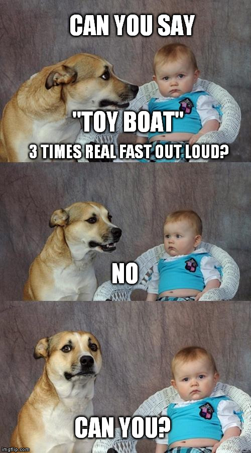 Dad Joke Dog Meme | CAN YOU SAY; "TOY BOAT"; 3 TIMES REAL FAST OUT LOUD? NO; CAN YOU? | image tagged in memes,dad joke dog | made w/ Imgflip meme maker