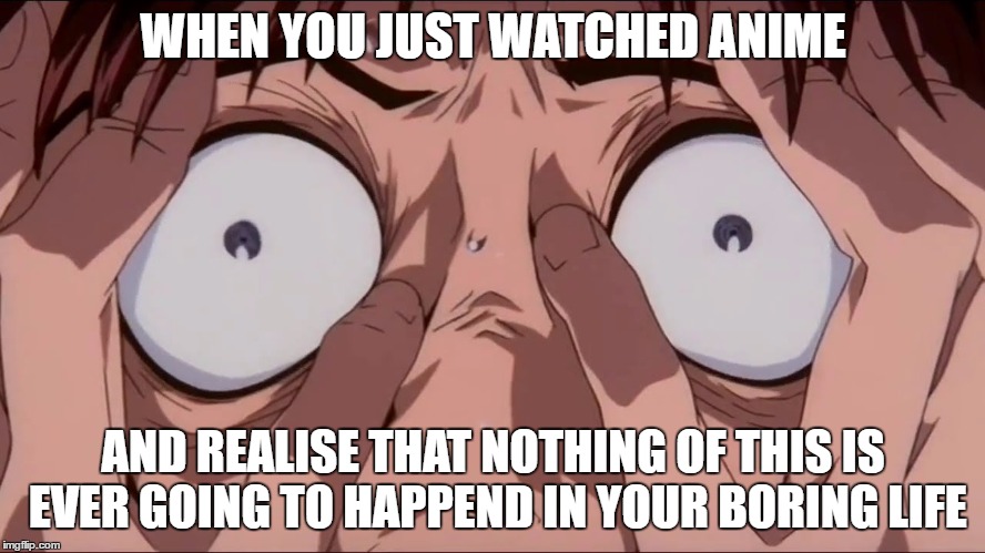 Mah life......it hurts | WHEN YOU JUST WATCHED ANIME; AND REALISE THAT NOTHING OF THIS IS EVER GOING TO HAPPEND IN YOUR BORING LIFE | image tagged in real life,anime,despair | made w/ Imgflip meme maker
