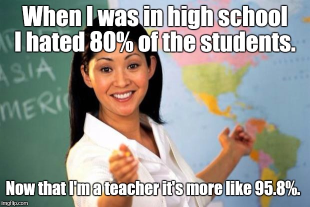 Unhelpful Teacher  | When I was in high school I hated 80% of the students. Now that I'm a teacher it's more like 95.8%. | image tagged in unhelpful teacher | made w/ Imgflip meme maker