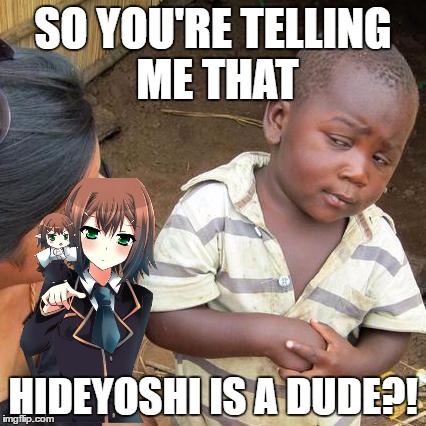 Third World Skeptical Kid Meme | SO YOU'RE TELLING ME THAT; HIDEYOSHI IS A DUDE?! | image tagged in memes,third world skeptical kid | made w/ Imgflip meme maker