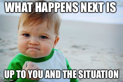 Success Kid Original Meme | WHAT HAPPENS NEXT IS; UP TO YOU AND THE SITUATION | image tagged in memes,success kid original | made w/ Imgflip meme maker