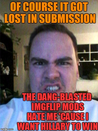 Grrr | OF COURSE IT GOT LOST IN SUBMISSION THE DANG-BLASTED IMGFLIP MODS HATE ME 'CAUSE I WANT HILLARY TO WIN | image tagged in grrr | made w/ Imgflip meme maker