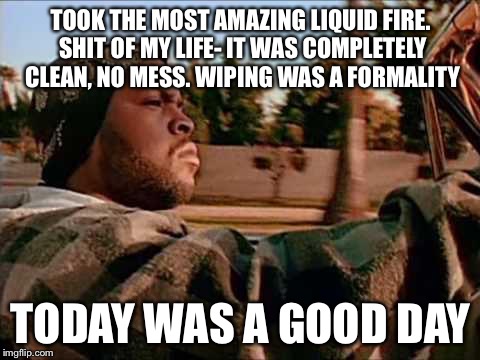 Today Was A Good Day Meme | TOOK THE MOST AMAZING LIQUID FIRE. SHIT OF MY LIFE- IT WAS COMPLETELY CLEAN, NO MESS. WIPING WAS A FORMALITY; TODAY WAS A GOOD DAY | image tagged in memes,today was a good day | made w/ Imgflip meme maker