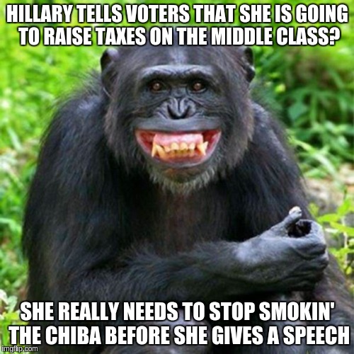 Keep Smiling | HILLARY TELLS VOTERS THAT SHE IS GOING TO RAISE TAXES ON THE MIDDLE CLASS? SHE REALLY NEEDS TO STOP SMOKIN' THE CHIBA BEFORE SHE GIVES A SPEECH | image tagged in keep smiling | made w/ Imgflip meme maker