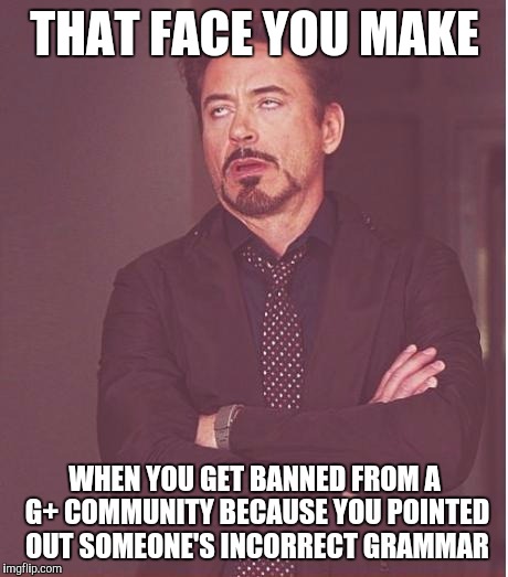 Face You Make Robert Downey Jr Meme | THAT FACE YOU MAKE; WHEN YOU GET BANNED FROM A G+ COMMUNITY BECAUSE YOU POINTED OUT SOMEONE'S INCORRECT GRAMMAR | image tagged in memes,face you make robert downey jr | made w/ Imgflip meme maker
