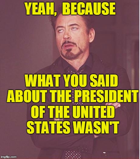 Face You Make Robert Downey Jr Meme | YEAH,  BECAUSE WHAT YOU SAID ABOUT THE PRESIDENT OF THE UNITED STATES WASN'T | image tagged in memes,face you make robert downey jr | made w/ Imgflip meme maker