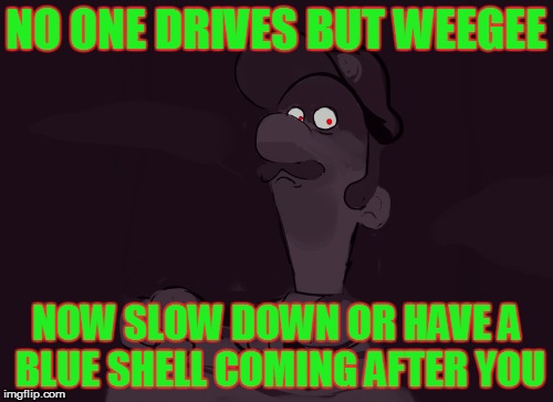 NO ONE DRIVES BUT WEEGEE NOW SLOW DOWN OR HAVE A BLUE SHELL COMING AFTER YOU | made w/ Imgflip meme maker