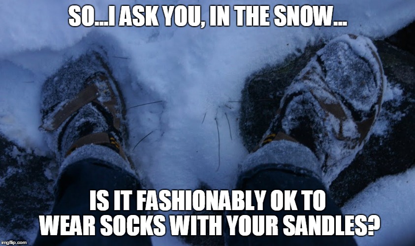 SO...I ASK YOU, IN THE SNOW... IS IT FASHIONABLY OK TO WEAR SOCKS WITH YOUR SANDLES? | image tagged in socks and sandals | made w/ Imgflip meme maker
