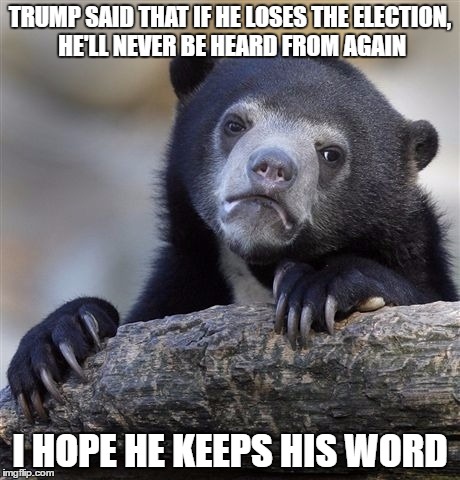 Confession Bear Meme | TRUMP SAID THAT IF HE LOSES THE ELECTION, HE'LL NEVER BE HEARD FROM AGAIN I HOPE HE KEEPS HIS WORD | image tagged in memes,confession bear | made w/ Imgflip meme maker