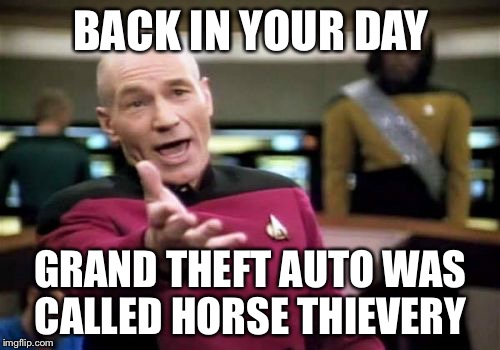 Picard Wtf Meme | BACK IN YOUR DAY GRAND THEFT AUTO WAS CALLED HORSE THIEVERY | image tagged in memes,picard wtf | made w/ Imgflip meme maker