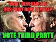 "WHAT DIFFERENCE AT THIS POINT DOES IT MAKE?"; VOTE THIRD PARTY | image tagged in hillary/trump | made w/ Imgflip meme maker