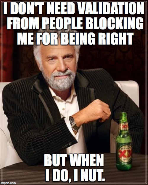 The Most Interesting Man In The World | I DON'T NEED VALIDATION FROM PEOPLE BLOCKING ME FOR BEING RIGHT; BUT WHEN I DO, I NUT. | image tagged in memes,the most interesting man in the world | made w/ Imgflip meme maker