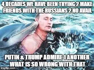 Putin Dolphins | 4 DECADES WE HAVE BEEN TRYING 2 MAKE FRIENDS WITH THE RUSSIANS 2 NO AVAIL; PUTIN & TRUMP ADMIRE 1 ANOTHER WHAT IS SO WRONG WITH THAT | image tagged in putin dolphins | made w/ Imgflip meme maker