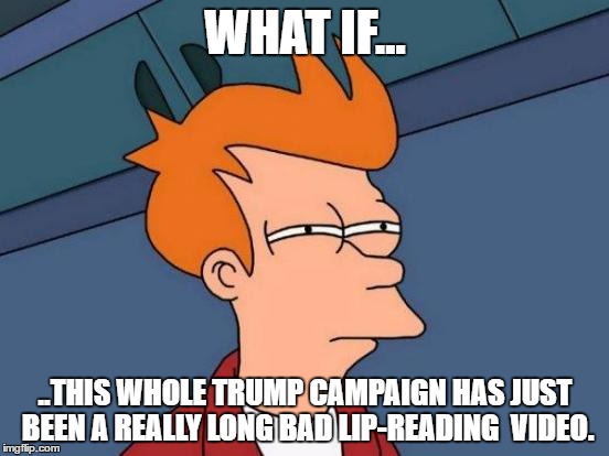 What if this whole Trump campaign... | WHAT IF... ..THIS WHOLE TRUMP CAMPAIGN HAS JUST BEEN A REALLY LONG BAD LIP-READING  VIDEO. | image tagged in memes,futurama fry,donald trump,trump | made w/ Imgflip meme maker