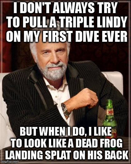 The Most Interesting Man In The World Meme | I DON'T ALWAYS TRY TO PULL A TRIPLE LINDY ON MY FIRST DIVE EVER BUT WHEN I DO, I LIKE TO LOOK LIKE A DEAD FROG LANDING SPLAT ON HIS BACK | image tagged in memes,the most interesting man in the world | made w/ Imgflip meme maker