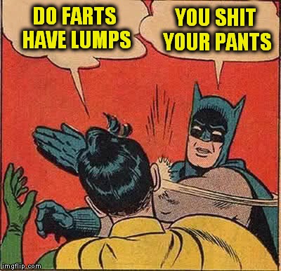 Batman Slapping Robin Meme | DO FARTS HAVE LUMPS YOU SHIT YOUR PANTS | image tagged in memes,batman slapping robin | made w/ Imgflip meme maker