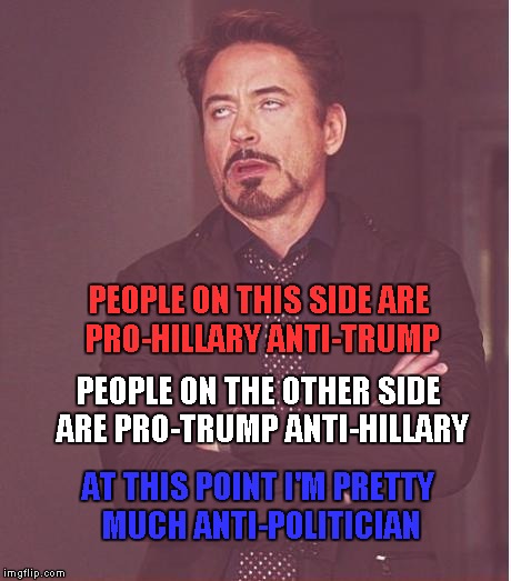 Face You Make Robert Downey Jr | PEOPLE ON THIS SIDE ARE PRO-HILLARY ANTI-TRUMP; PEOPLE ON THE OTHER SIDE ARE PRO-TRUMP ANTI-HILLARY; AT THIS POINT I'M PRETTY MUCH ANTI-POLITICIAN | image tagged in memes,face you make robert downey jr | made w/ Imgflip meme maker