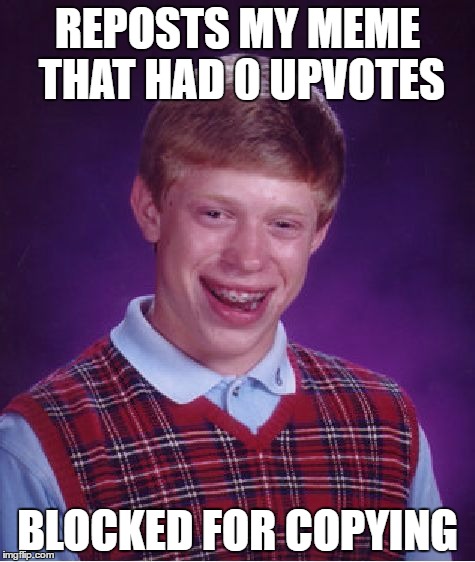 Bad Luck Brian Meme | REPOSTS MY MEME THAT HAD 0 UPVOTES; BLOCKED FOR COPYING | image tagged in memes,bad luck brian | made w/ Imgflip meme maker