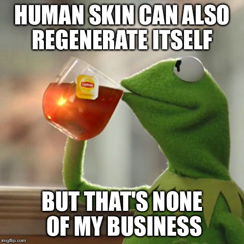 But That's None Of My Business Meme | HUMAN SKIN CAN ALSO REGENERATE ITSELF BUT THAT'S NONE OF MY BUSINESS | image tagged in memes,but thats none of my business,kermit the frog | made w/ Imgflip meme maker