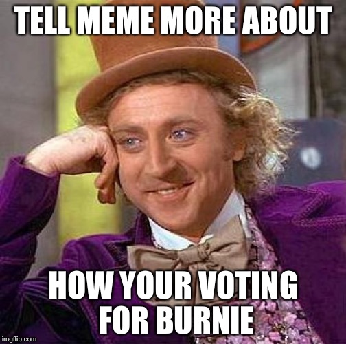 Creepy Condescending Wonka Meme | TELL MEME MORE ABOUT HOW YOUR VOTING FOR BURNIE | image tagged in memes,creepy condescending wonka | made w/ Imgflip meme maker