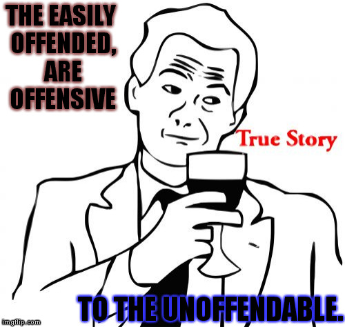 True Story | THE EASILY OFFENDED, ARE OFFENSIVE; TO THE UNOFFENDABLE. | image tagged in memes,true story | made w/ Imgflip meme maker