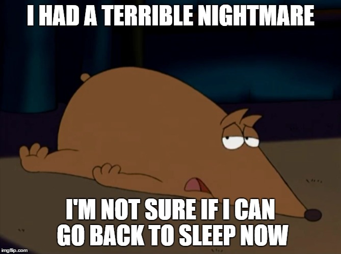 Terrible Nightmare | I HAD A TERRIBLE NIGHTMARE; I'M NOT SURE IF I CAN GO BACK TO SLEEP NOW | image tagged in nightmare,terrible,scary,horror,thriller,horrible | made w/ Imgflip meme maker