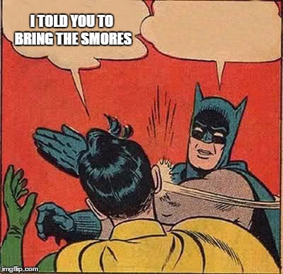 Batman Slapping Robin | I TOLD YOU TO BRING THE SMORES | image tagged in memes,batman slapping robin | made w/ Imgflip meme maker