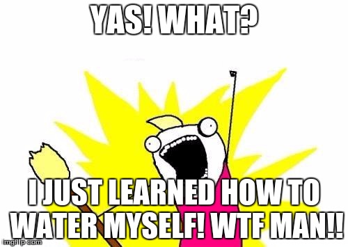 What? | YAS! WHAT? I JUST LEARNED HOW TO WATER MYSELF! WTF MAN!! | image tagged in memes,x all the y | made w/ Imgflip meme maker