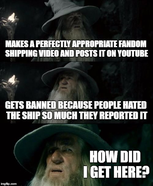 Fandoms these days... | MAKES A PERFECTLY APPROPRIATE FANDOM SHIPPING VIDEO AND POSTS IT ON YOUTUBE; GETS BANNED BECAUSE PEOPLE HATED THE SHIP SO MUCH THEY REPORTED IT; HOW DID I GET HERE? | image tagged in memes,confused gandalf,fandoms | made w/ Imgflip meme maker