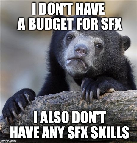 Confession Bear Meme | I DON'T HAVE A BUDGET FOR SFX I ALSO DON'T HAVE ANY SFX SKILLS | image tagged in memes,confession bear | made w/ Imgflip meme maker