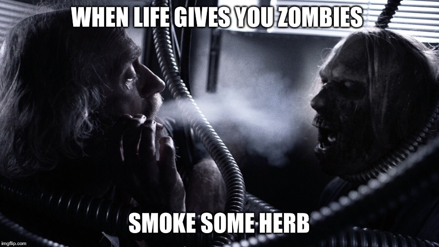 Zombie FUBAR | WHEN LIFE GIVES YOU ZOMBIES; SMOKE SOME HERB | image tagged in zombies | made w/ Imgflip meme maker