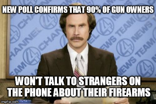 Stranger Danger | NEW POLL CONFIRMS THAT 90% OF GUN OWNERS; WON'T TALK TO STRANGERS ON THE PHONE ABOUT THEIR FIREARMS | image tagged in memes,ron burgundy | made w/ Imgflip meme maker