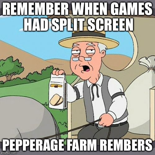 Pepperidge Farm Remembers Meme | REMEMBER WHEN GAMES HAD SPLIT SCREEN; PEPPERAGE FARM REMBERS | image tagged in memes,pepperidge farm remembers | made w/ Imgflip meme maker