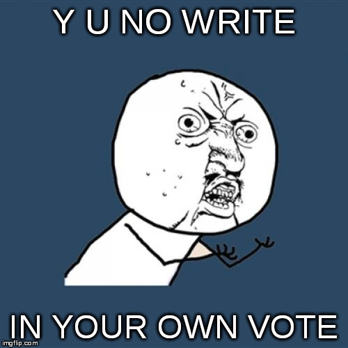 Y U No Meme | Y U NO WRITE; IN YOUR OWN VOTE | image tagged in memes,y u no,vote | made w/ Imgflip meme maker