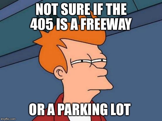 Took me an hour to drive 10 miles today in Orange County.  | NOT SURE IF THE 405 IS A FREEWAY; OR A PARKING LOT | image tagged in memes,futurama fry,freeway,los angeles,orange county | made w/ Imgflip meme maker