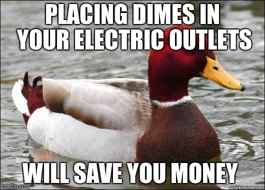 make actual bad advice mallard | PLACING DIMES IN YOUR ELECTRIC OUTLETS; WILL SAVE YOU MONEY | image tagged in make actual bad advice mallard | made w/ Imgflip meme maker