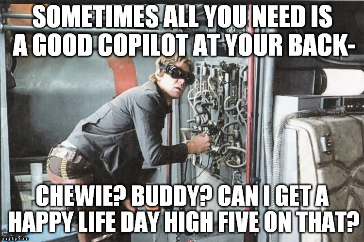 Star Wars Han Huh? | SOMETIMES ALL YOU NEED IS A GOOD COPILOT AT YOUR BACK- CHEWIE? BUDDY? CAN I GET A HAPPY LIFE DAY HIGH FIVE ON THAT? | image tagged in star wars han huh | made w/ Imgflip meme maker