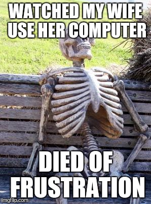 Watching my wife... | WATCHED MY WIFE USE HER COMPUTER; DIED OF FRUSTRATION | image tagged in memes,waiting skeleton | made w/ Imgflip meme maker