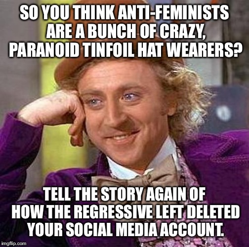 Creepy Condescending Wonka Meme | SO YOU THINK ANTI-FEMINISTS ARE A BUNCH OF CRAZY, PARANOID TINFOIL HAT WEARERS? TELL THE STORY AGAIN OF HOW THE REGRESSIVE LEFT DELETED YOUR SOCIAL MEDIA ACCOUNT. | image tagged in memes,creepy condescending wonka | made w/ Imgflip meme maker