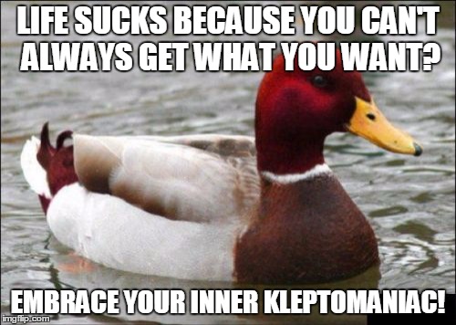 Stealing Everything!!! | LIFE SUCKS BECAUSE YOU CAN'T ALWAYS GET WHAT YOU WANT? EMBRACE YOUR INNER KLEPTOMANIAC! | image tagged in memes,malicious advice mallard,stealing,because capitalism,funny | made w/ Imgflip meme maker
